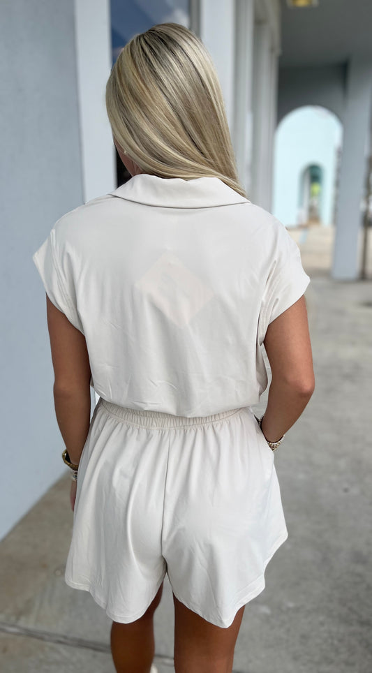 Butter Soft Quarter Zip Romper , Pearl