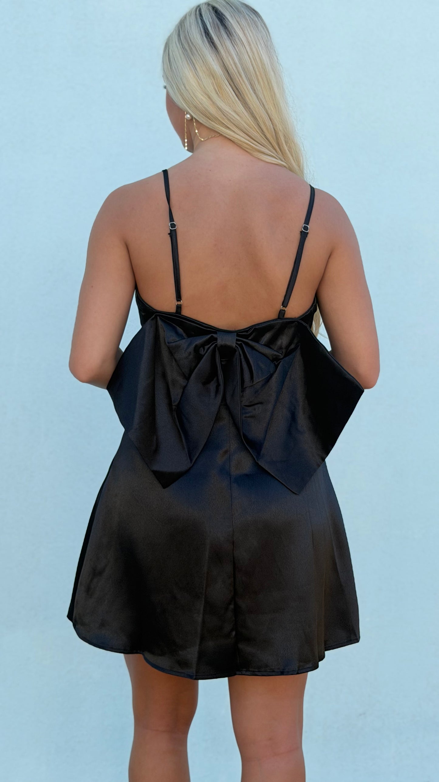 Satin Bow Detail Mini Dress, Black