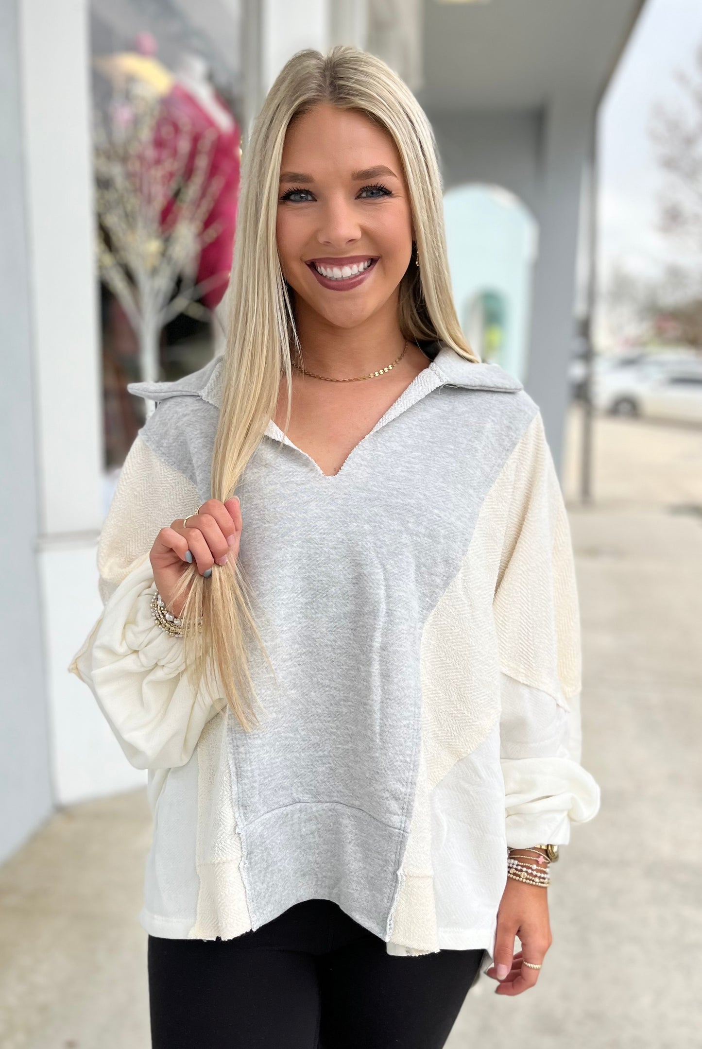 Grey/Cream Colorblock French Terry Top