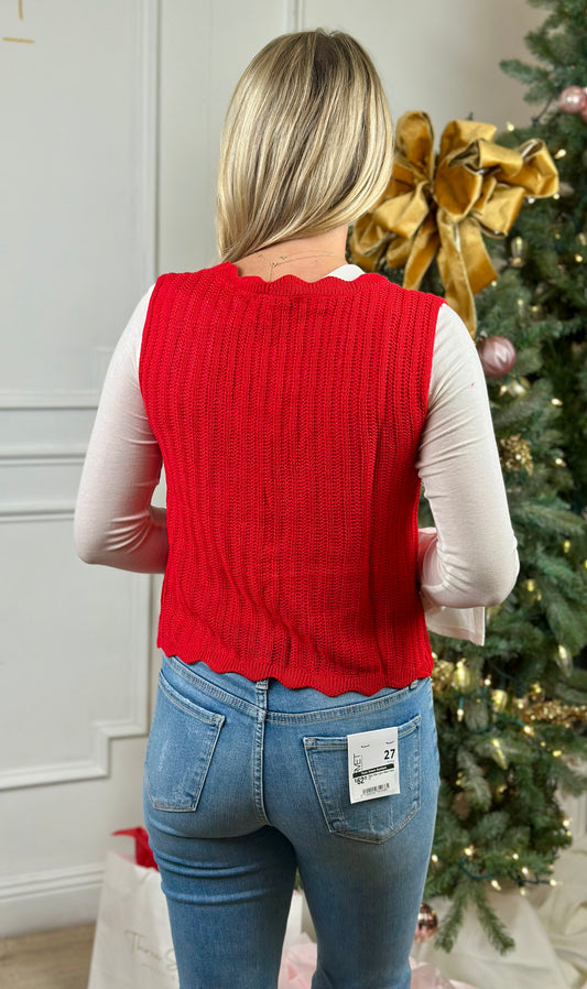 Sleeveless Scallop Front Tie Sweater, Red