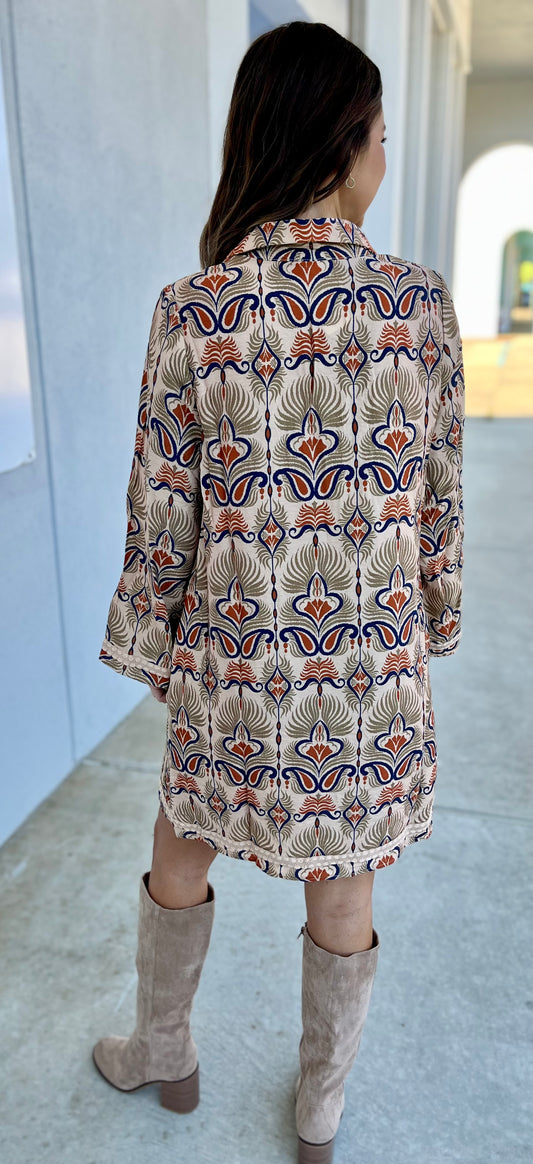 Beige Boho Print Shift Dress