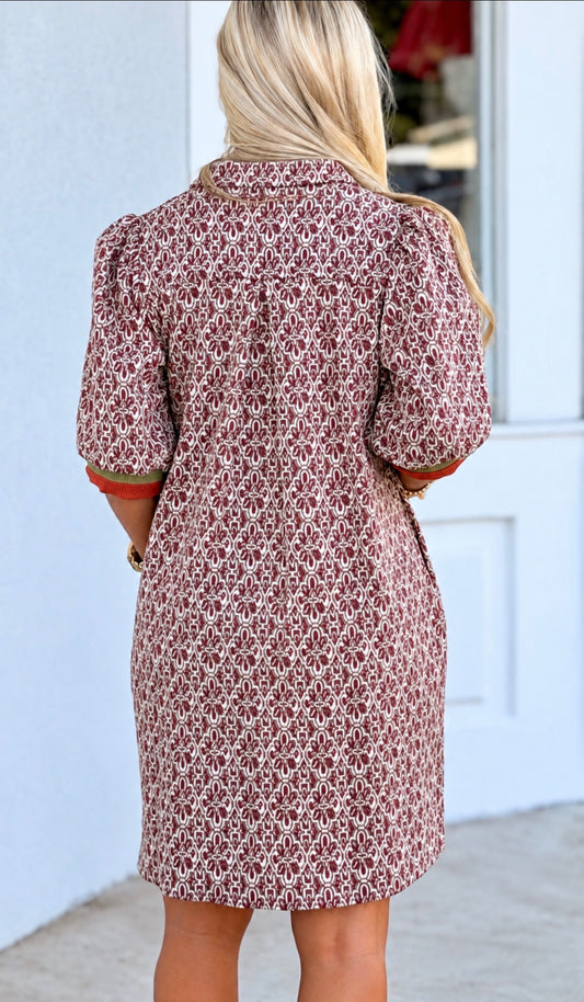 Chestnut Geometric Half-Zip Collared Shift Dress
