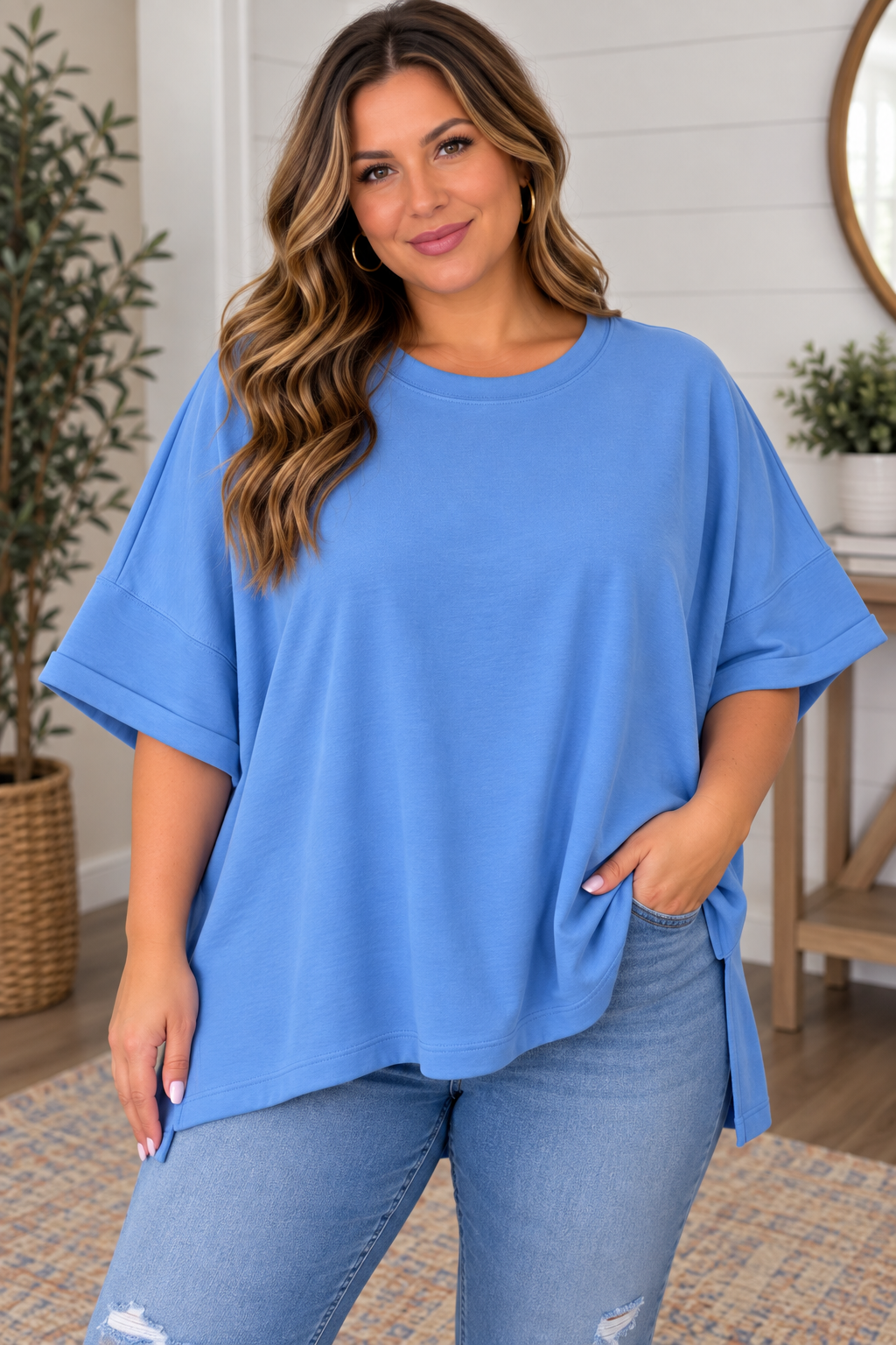 Plus Scuba Round Neck Tee, Cornflower Blue