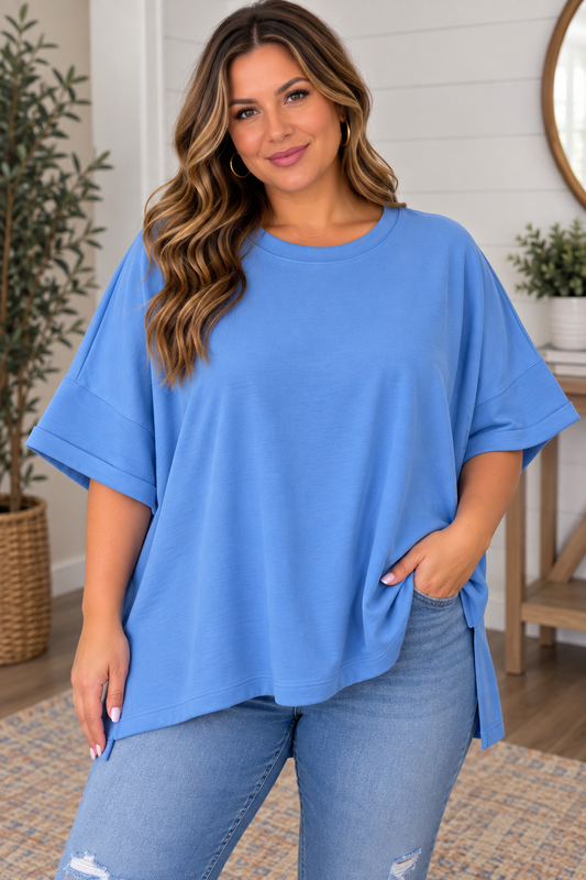 Plus Scuba Round Neck Tee, Cornflower Blue