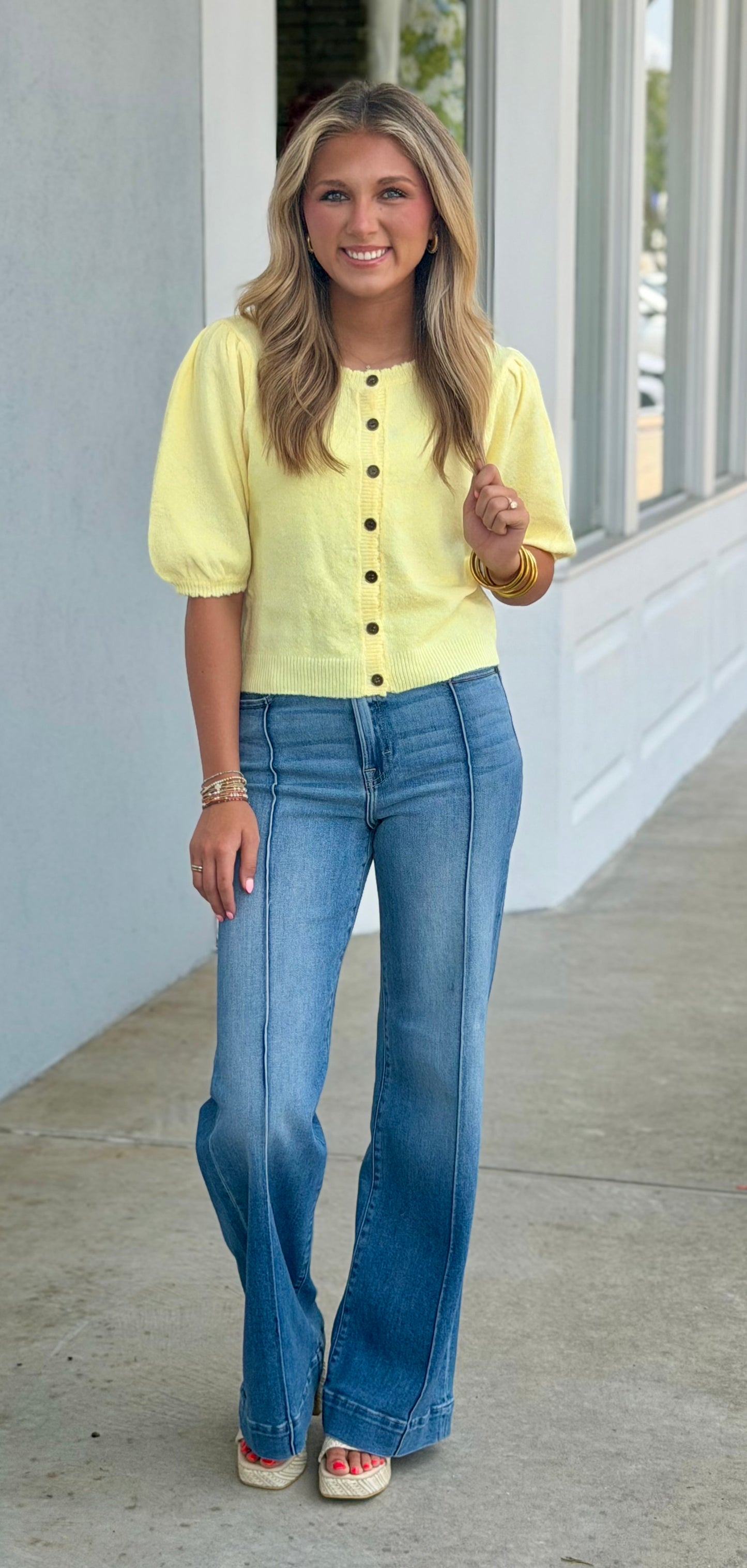 Pale Yellow Puff Sleeve Cardigan