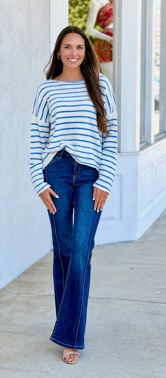 White/Sky Stripe Brushed Boatneck Sweater