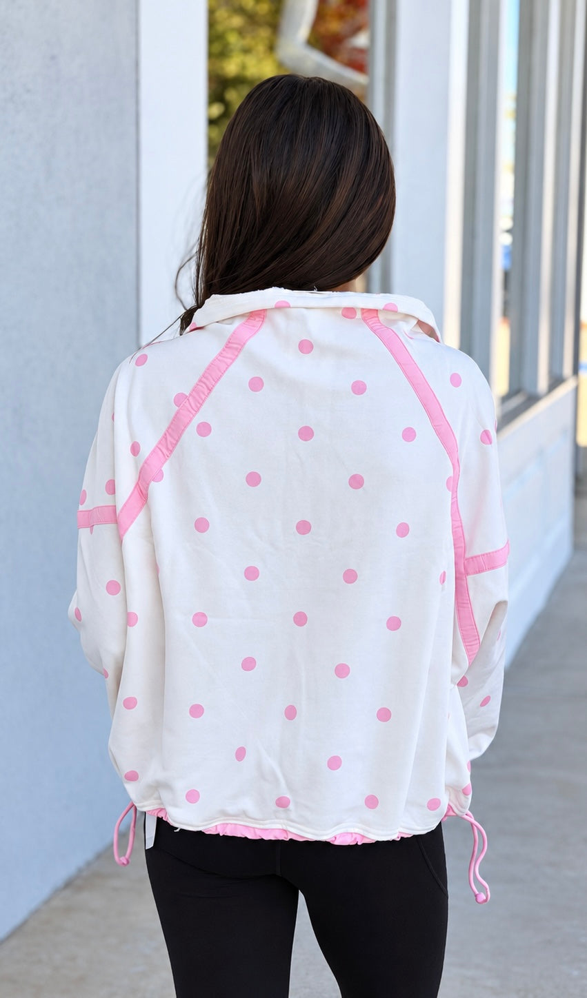 Pink/White Polka Dot Quarter Zip Pullover