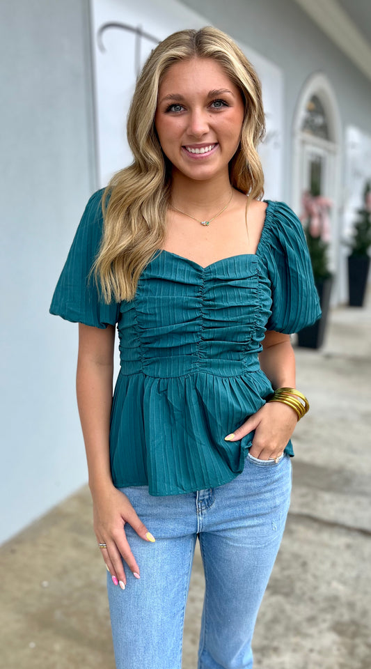 Teal Textured Sweetheart Neckline Puff Sleeve Top