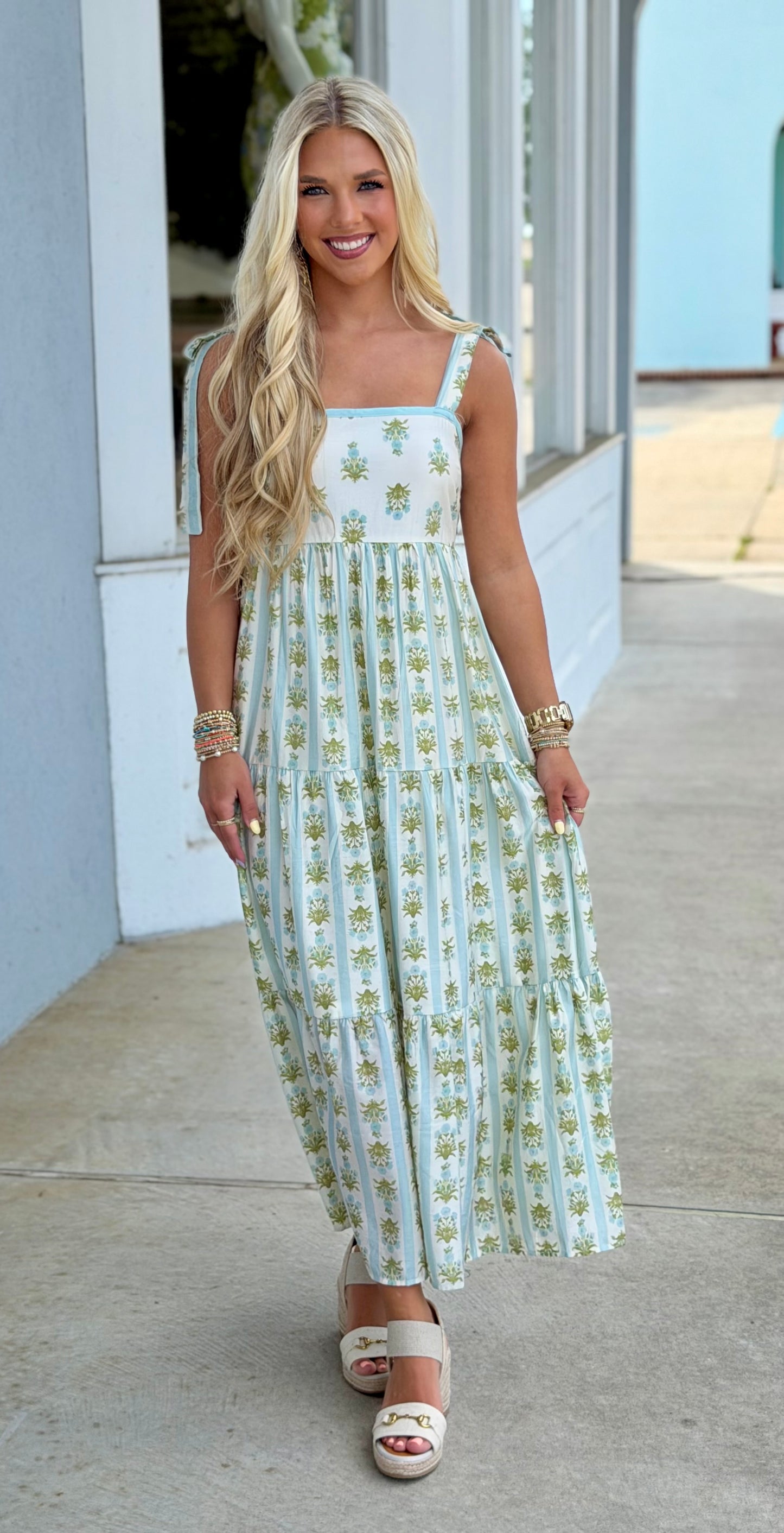 Sage Stripe Floral Midi Dress