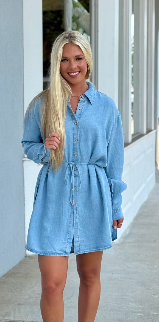 Light Chambray Denim Belted Shirt Romper