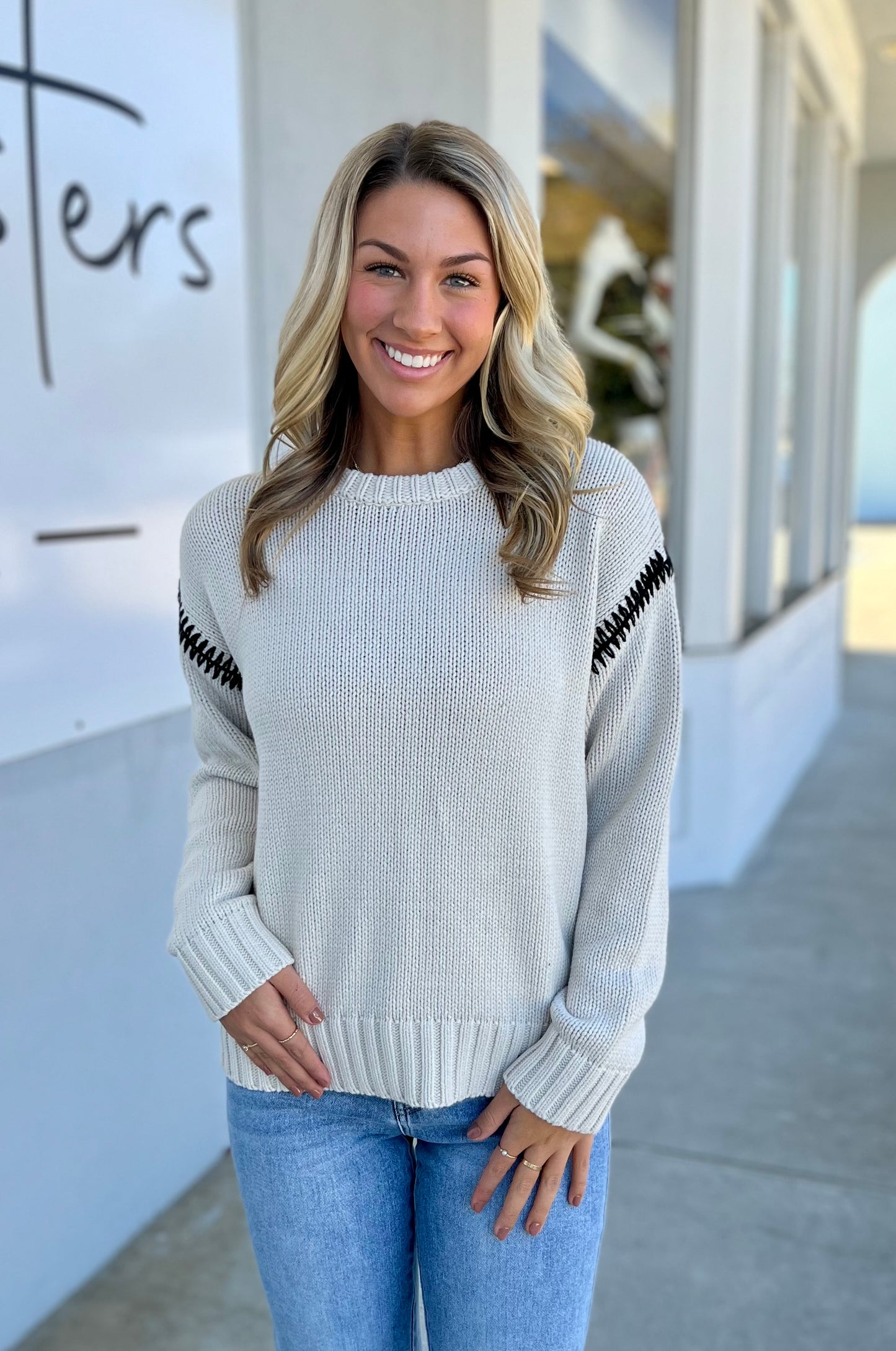 Oatmeal Crewneck Sweater With Black Seam