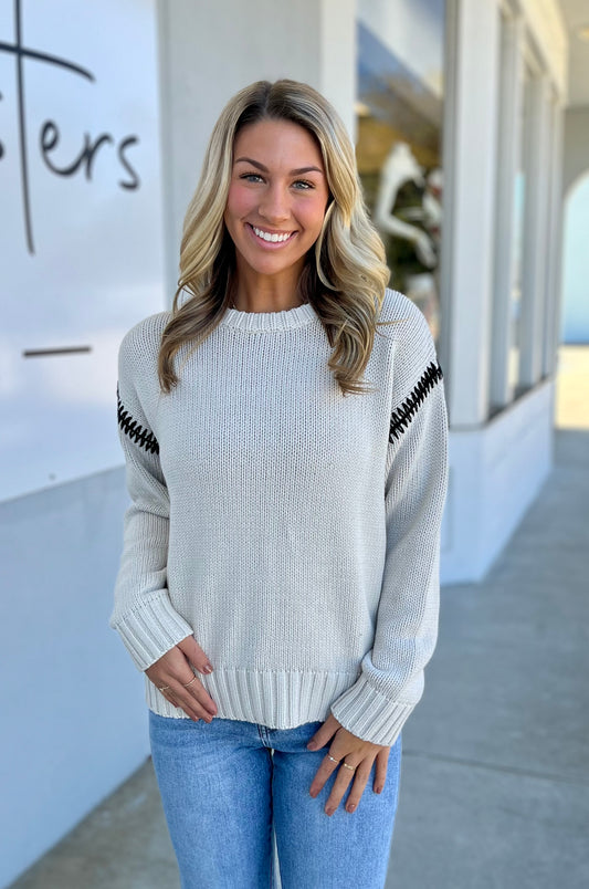 Oatmeal Crewneck Sweater With Black Seam