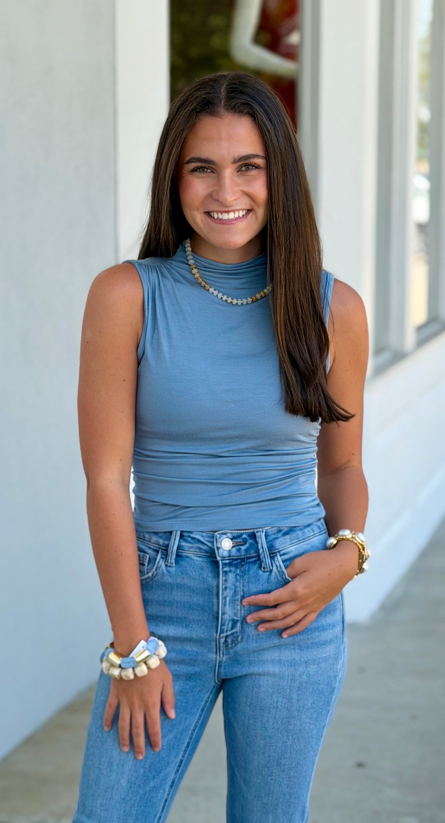 Mock Neck Ruched Sleeveless Knit Top, Light Teal