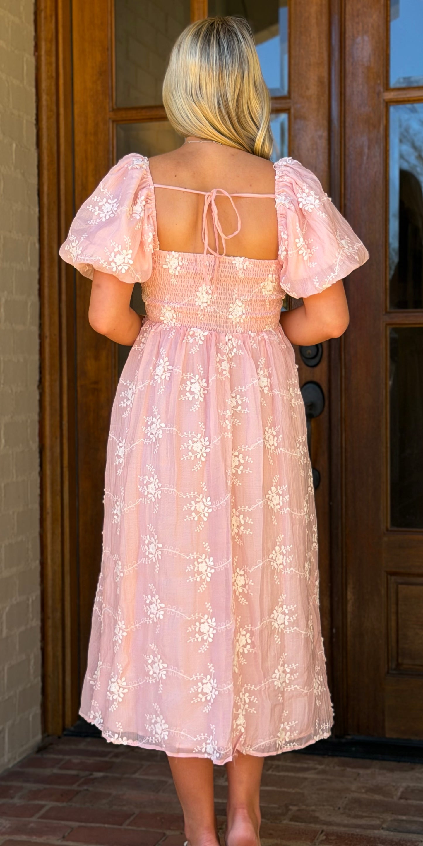 Pink Embroidered Short Sleeve Midi Dress