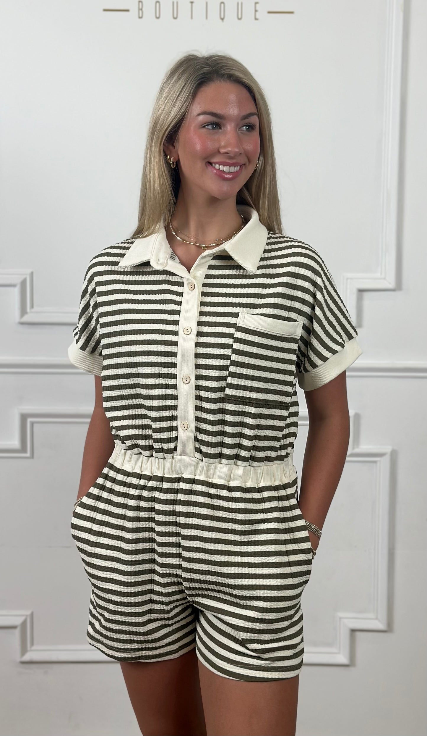 Lt Olive Button Down Striped Romper