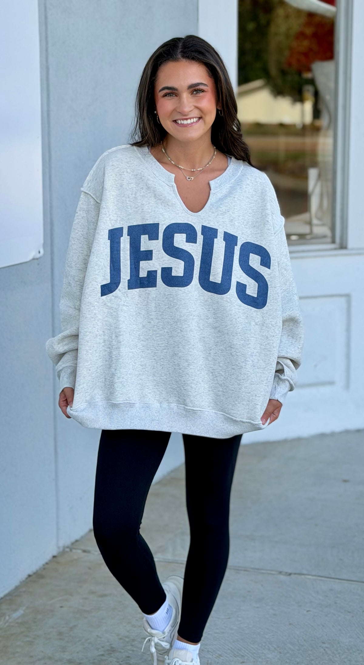 Ash Grey/Vintage Blue Jesus Split Neck Sweatshirt(reversible)