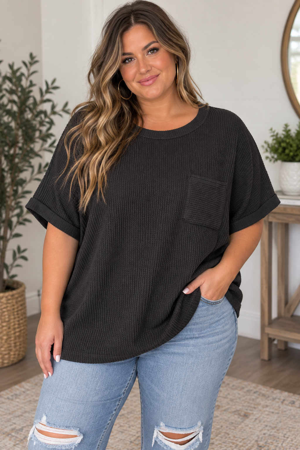 Plus Raised Rib Front Pocket Top, Black