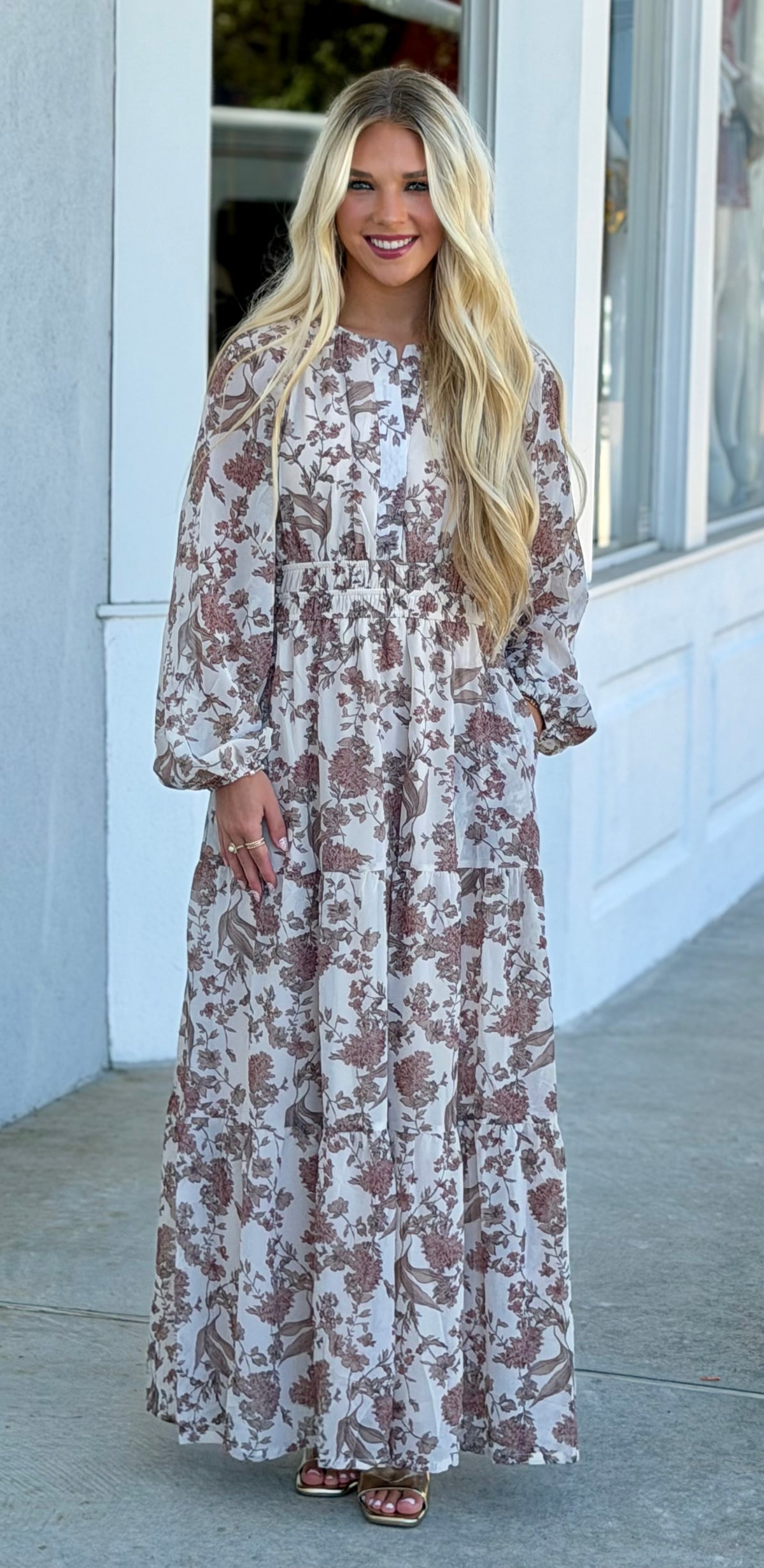 Cream Woven Print Tiered Maxi Dress