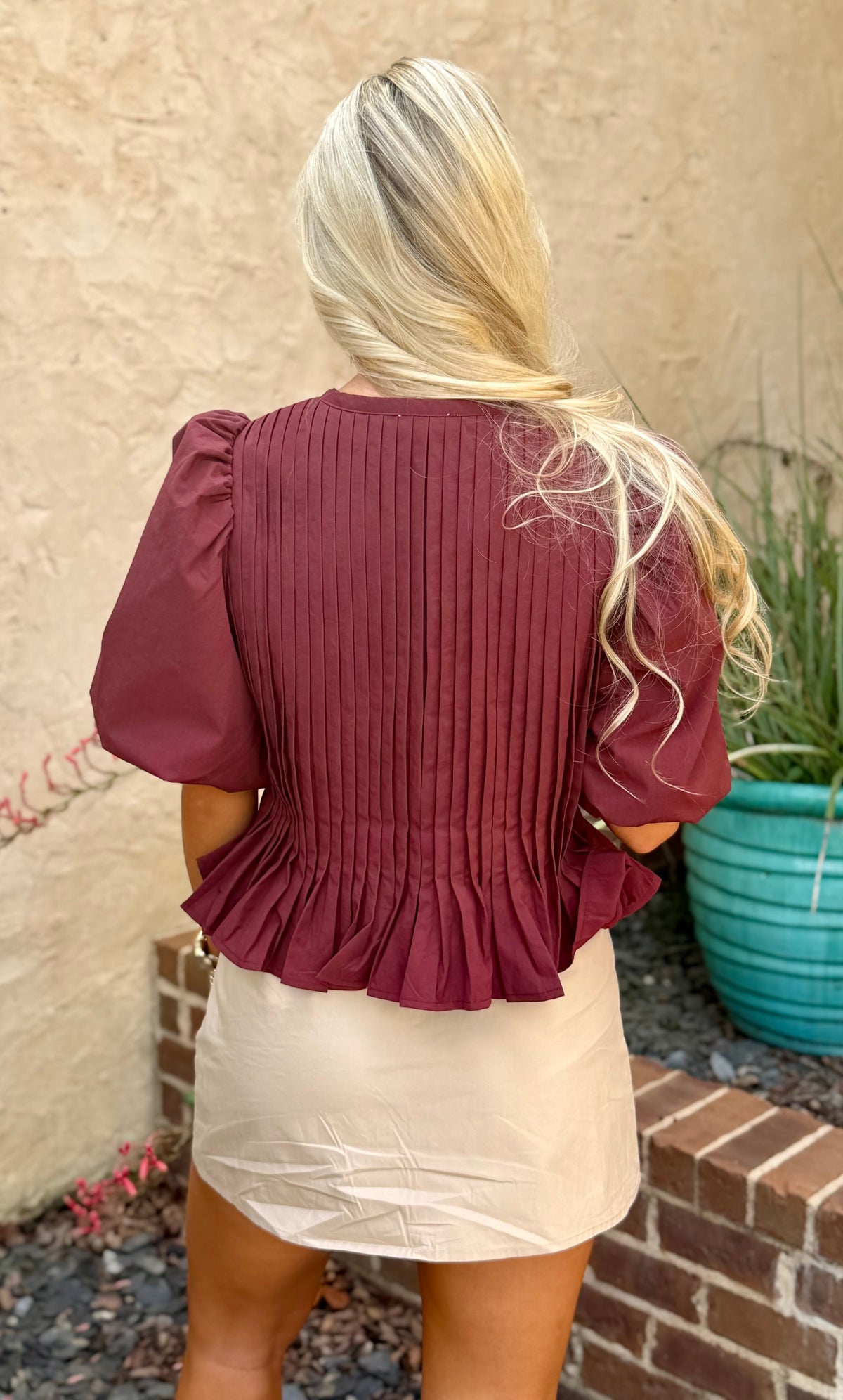 Maroon Puff Sleeve Peplum Top