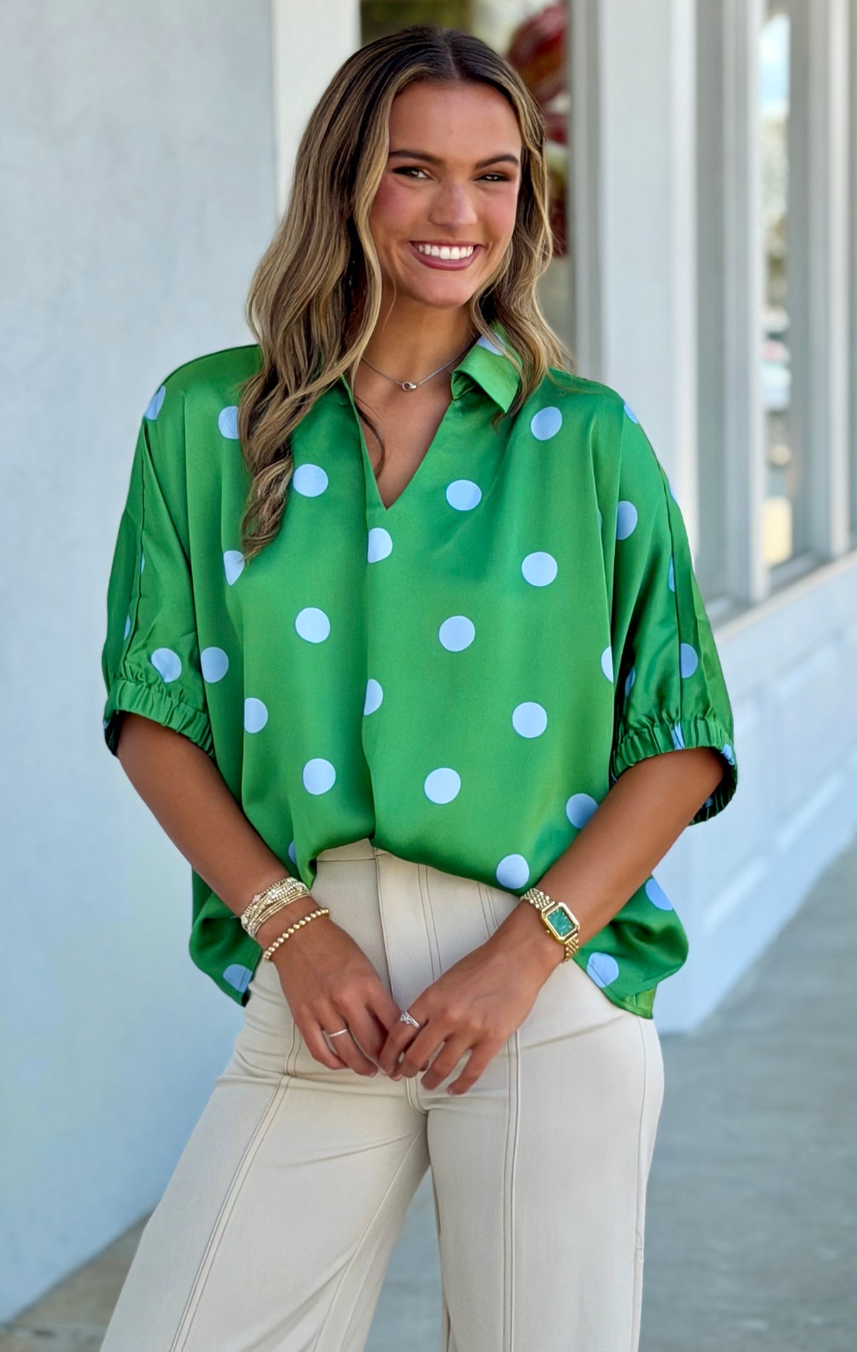 Green Polka Dot Satin Top