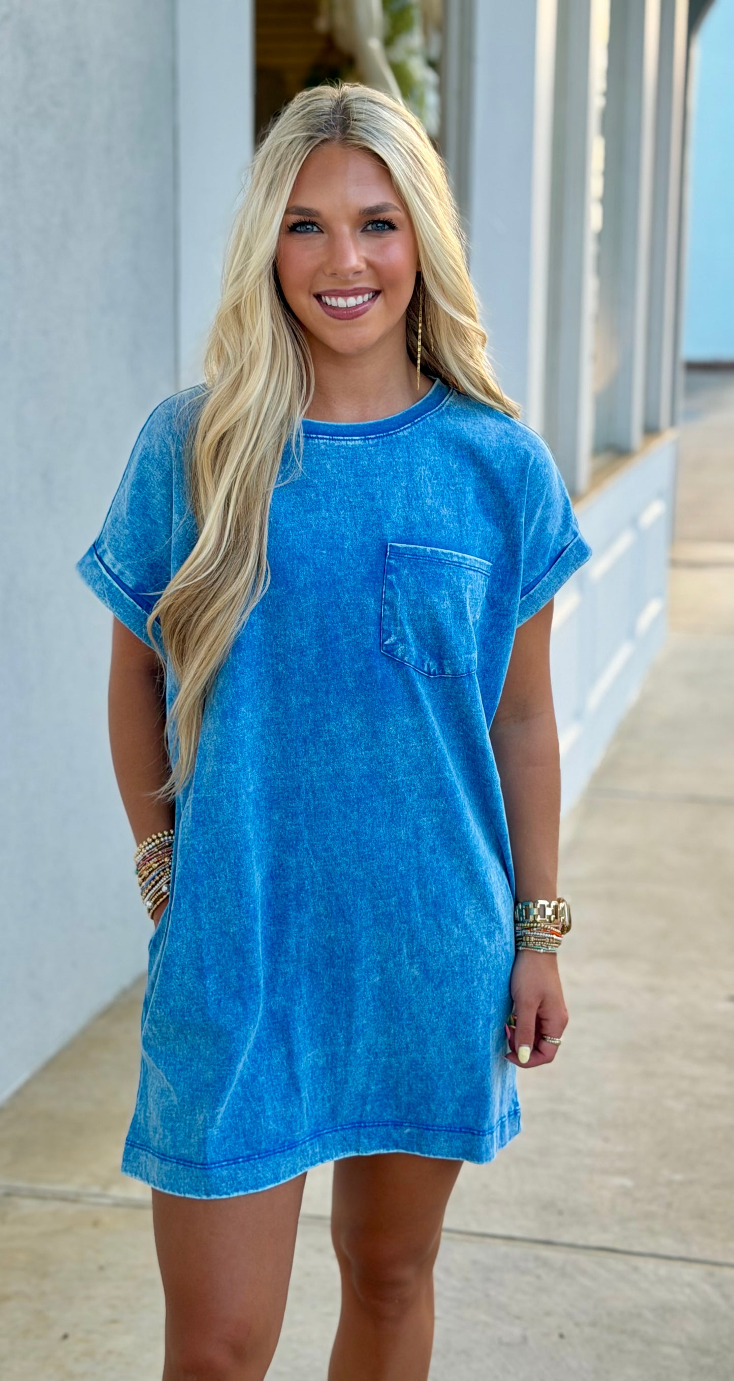 Cotton Washed T Shirt Dress, Ocean Blue