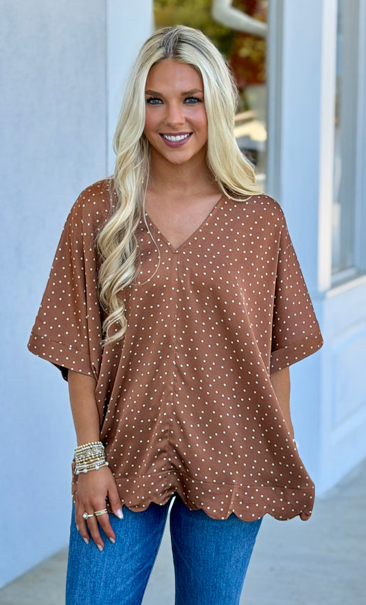 Brown Polka Dot Scalloped Top