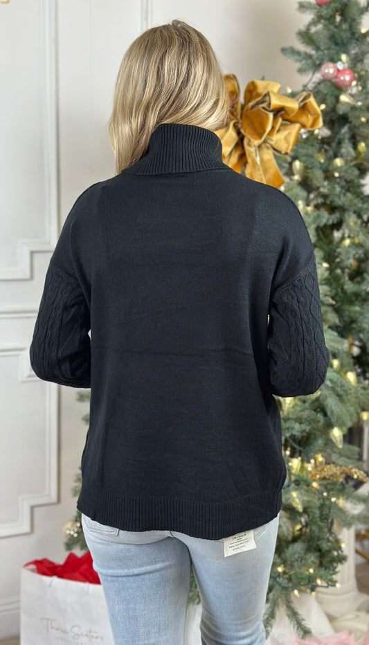 Cable Knit Split Hem Turtle Neck Sweater, Black