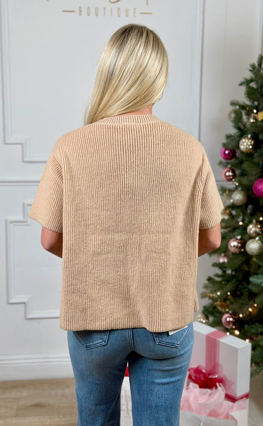 Round Neck Short Sleeve Cardigan , Beige