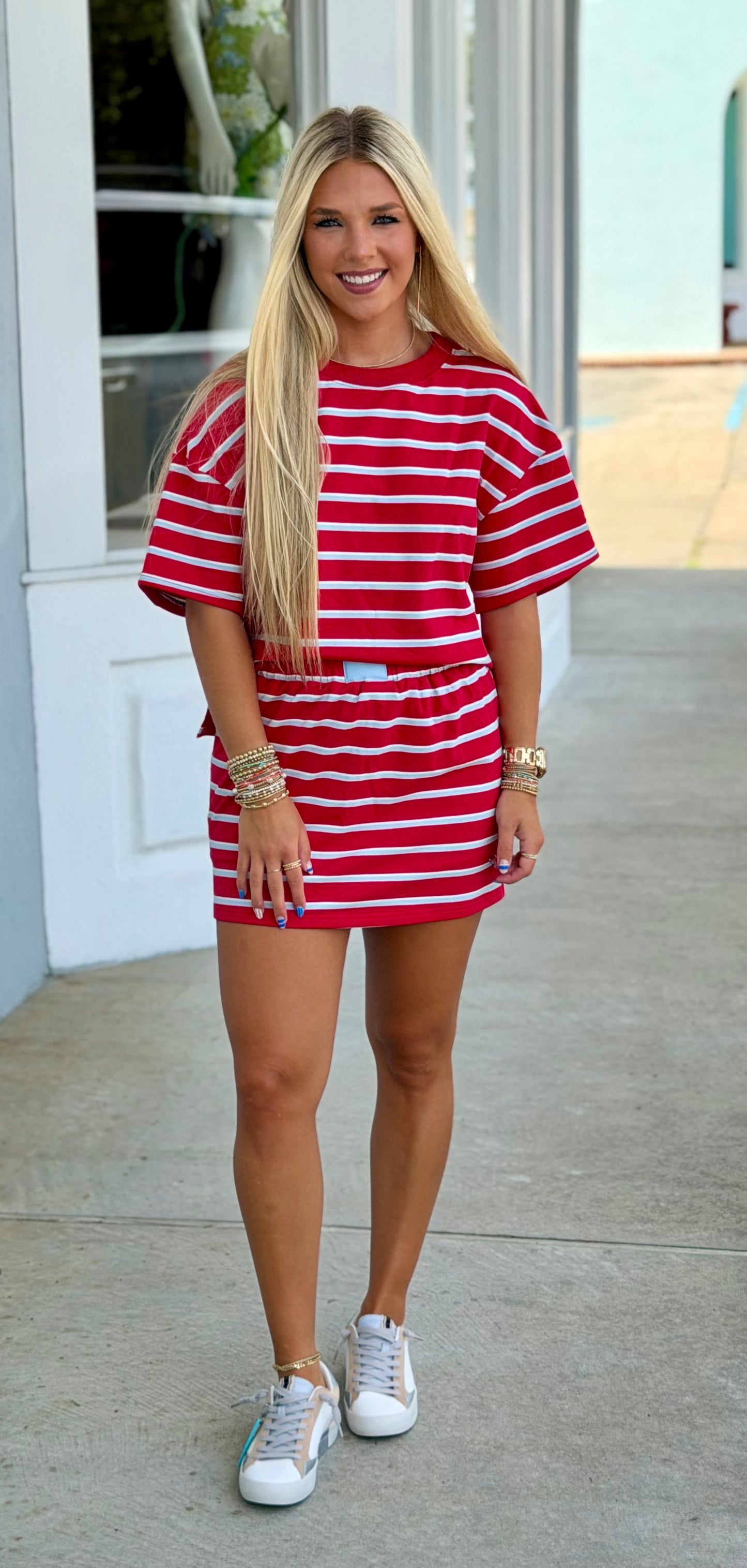 Striped Boxy Lounge Sweatshirt Top, Tomato/Baby Blue