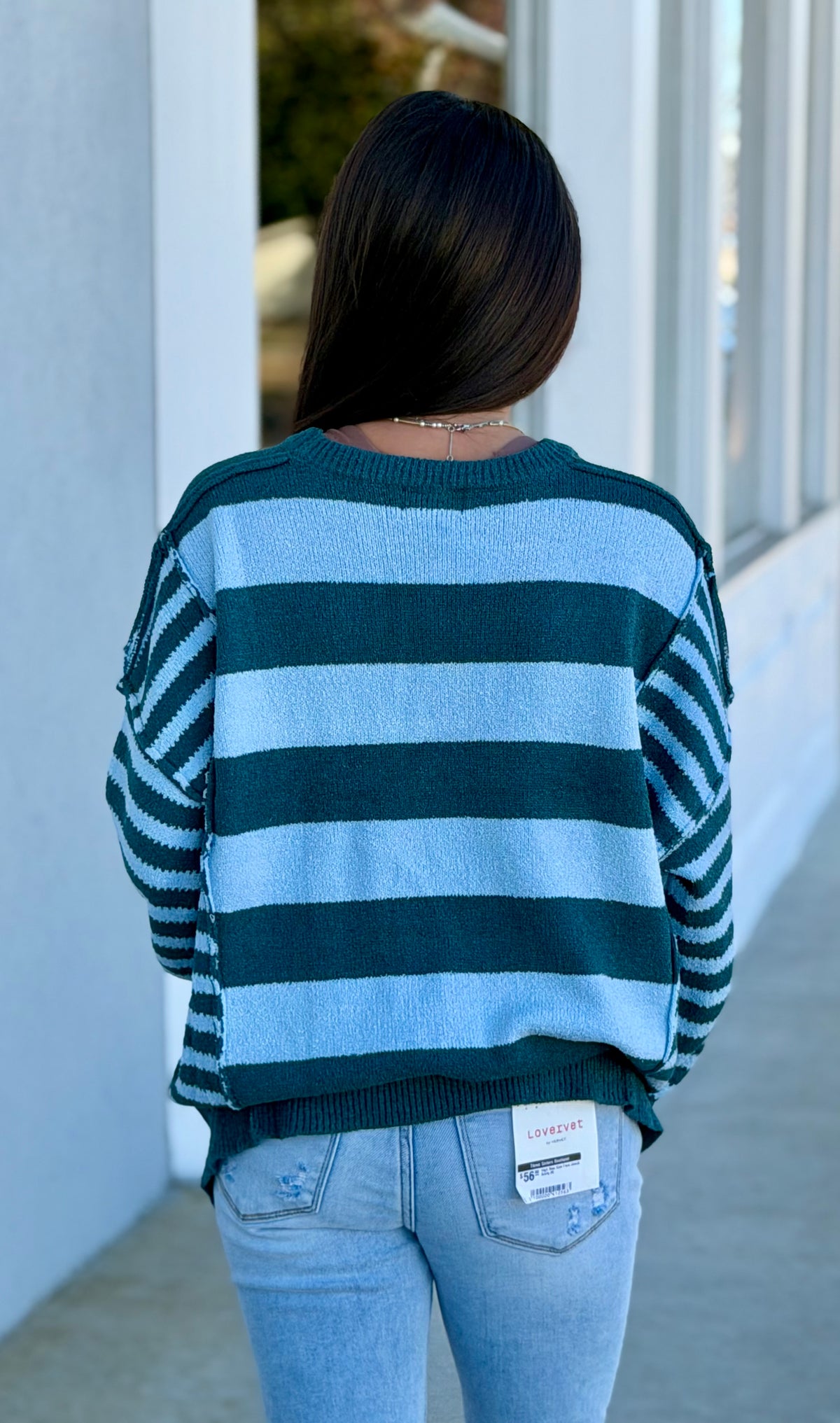 Teal Stripe Knit Seam Sweater