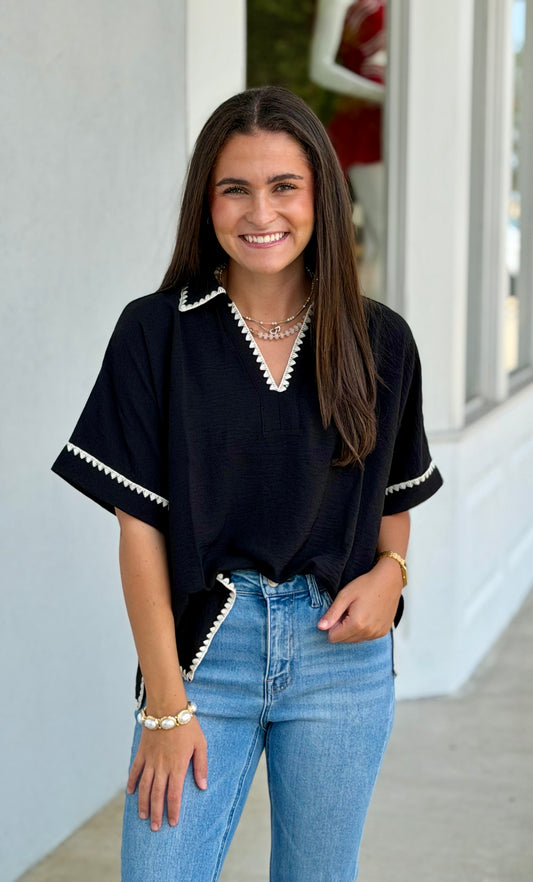 Black Scallop Embroidery Detail Top