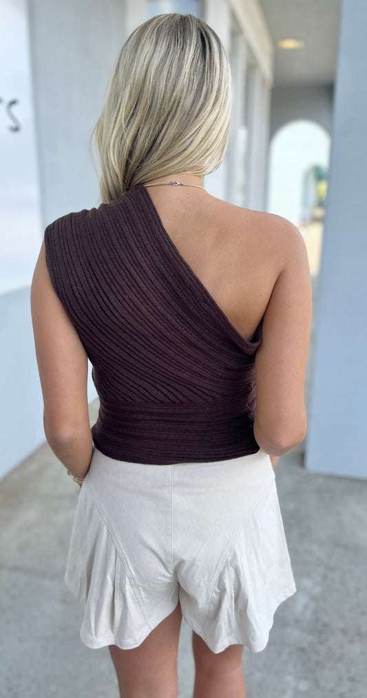 Chocolate One Shoulder Knit Sweater Top