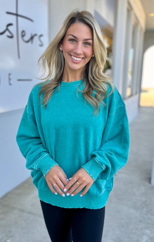 Acid Wash Fleece Pullover, Lt Teal