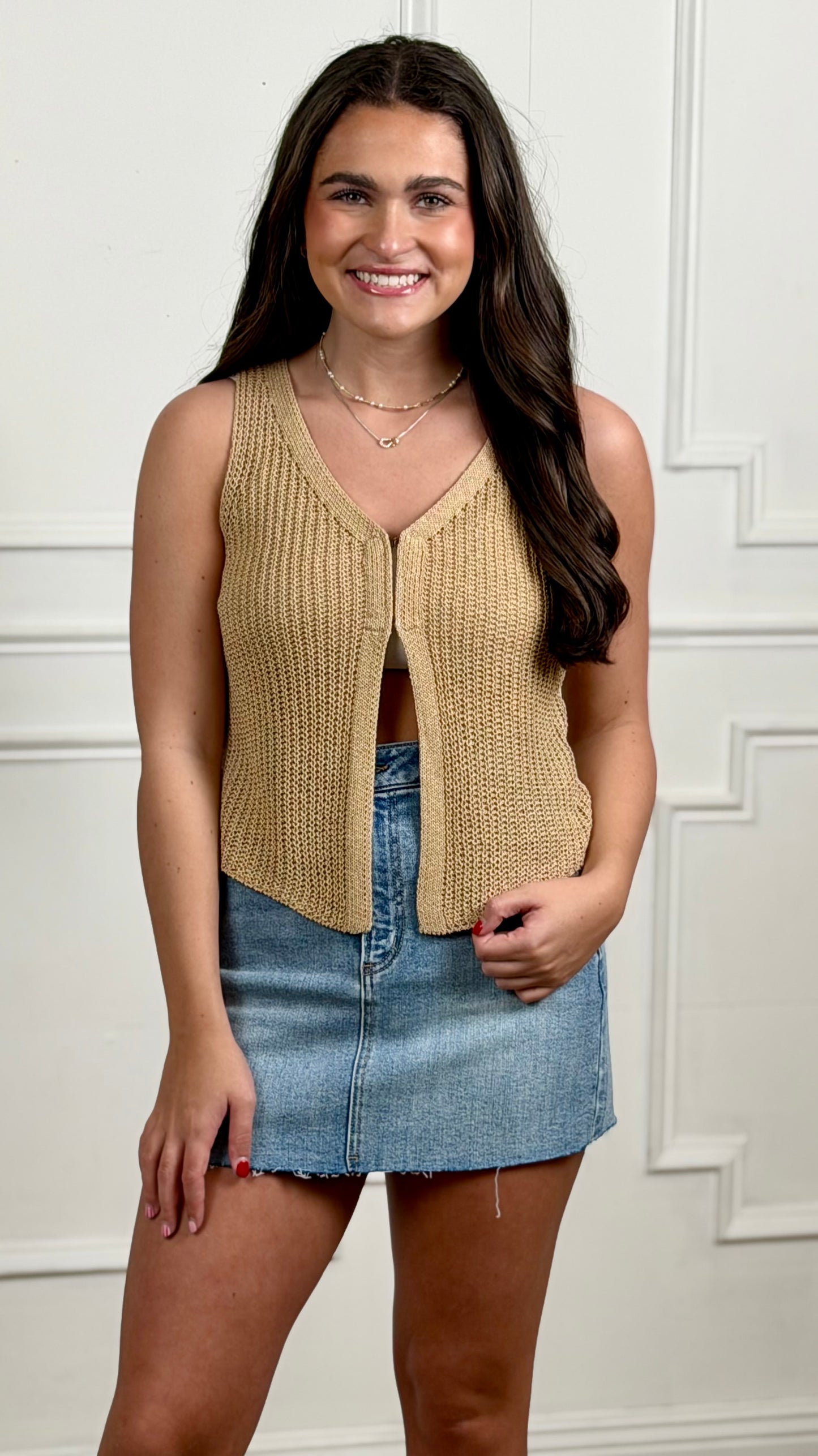 Taupe V Neck Ribbed Knit Vest