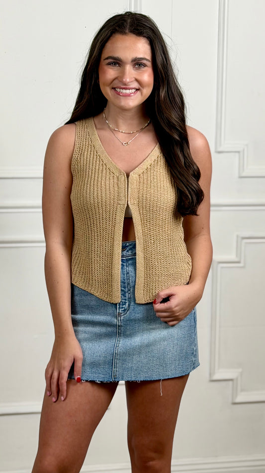 Taupe V Neck Ribbed Knit Vest