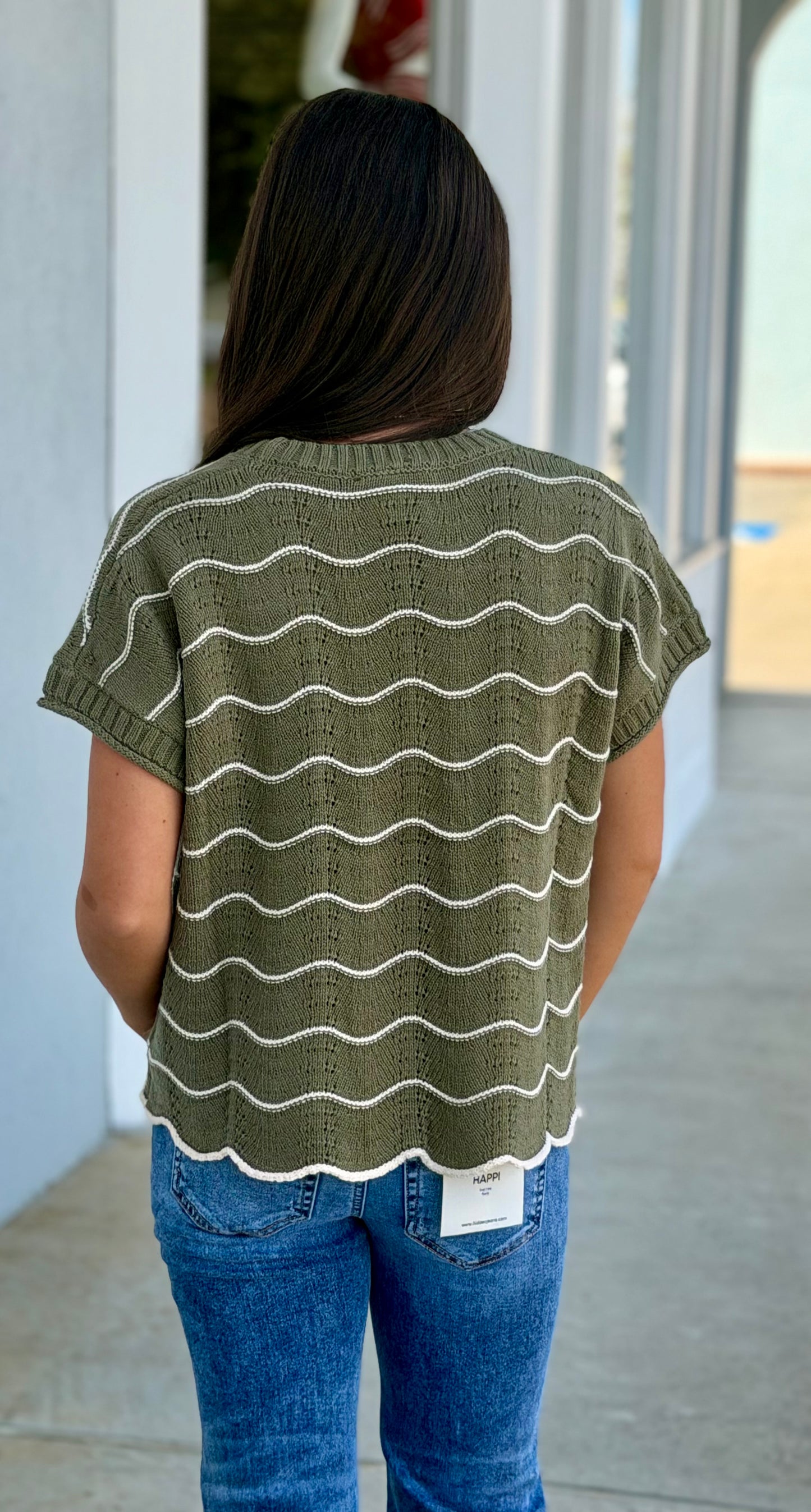 Olive Scallop Striped Sweater Top