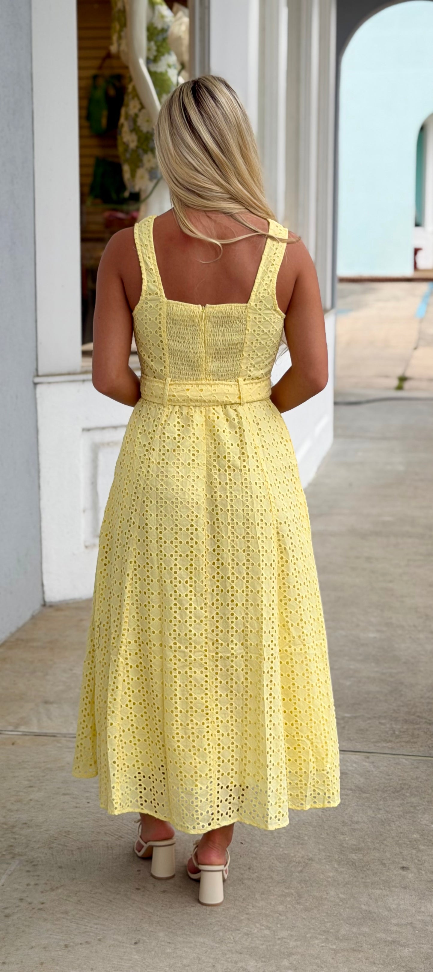 Lemon Gold Button Crochet Midi Dress