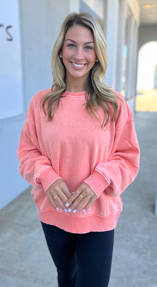Acid Wash Fleece Pullover, Coral