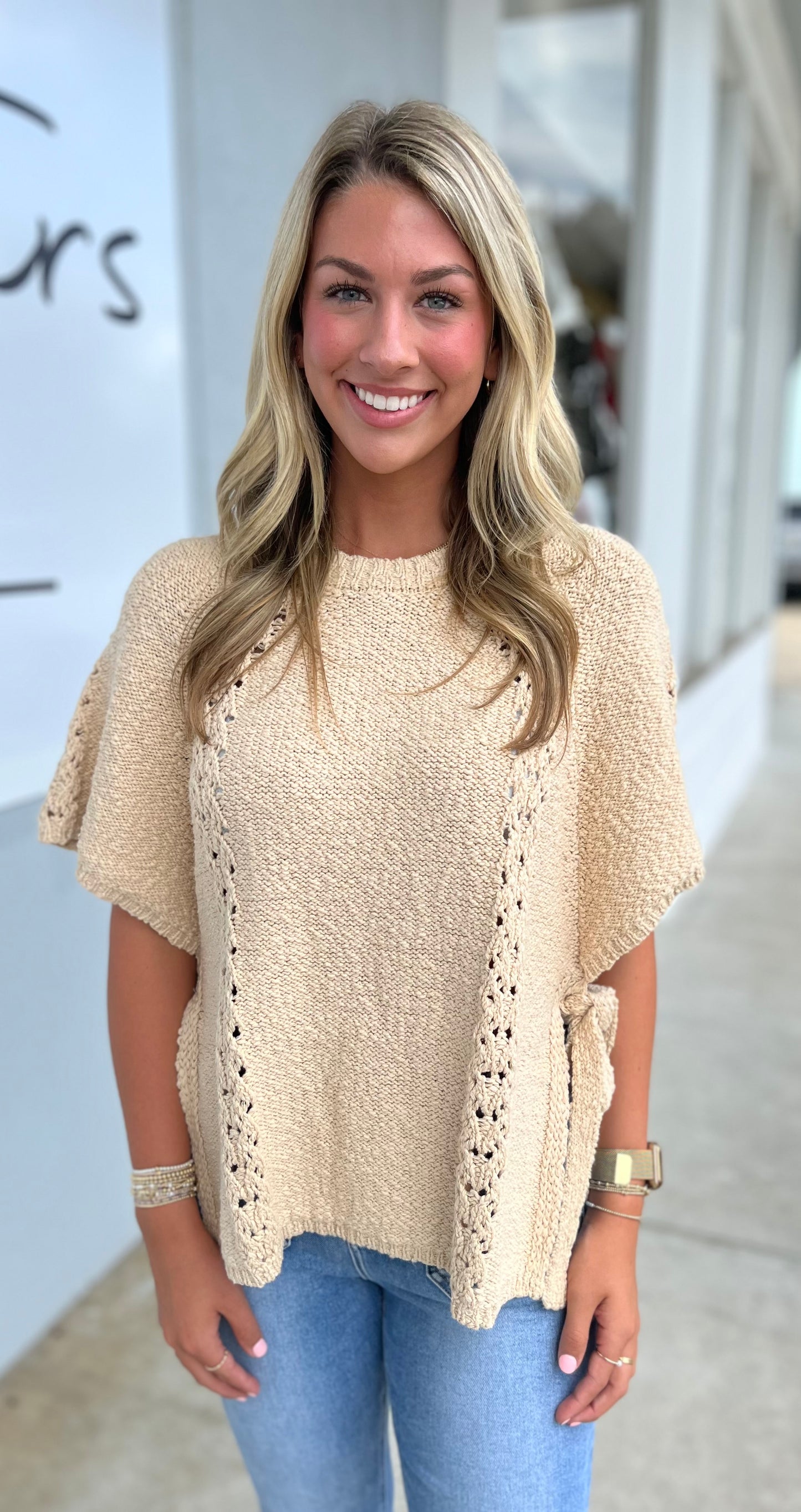 Half Sleeve Knitted Sweater , Natural