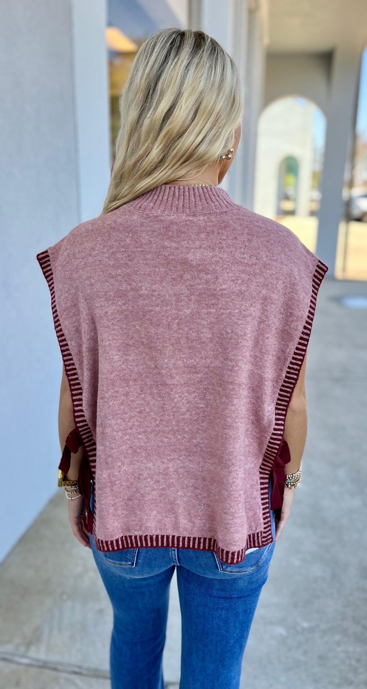 Side Tie Knit Sweater Vest, Blush