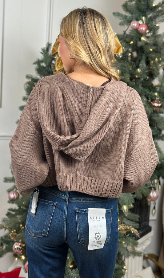 Knit Zip Up Hoodie Sweater, Brown