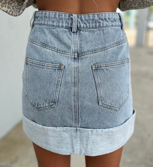Washed Denim High Waisted Cuff Denim Skirt