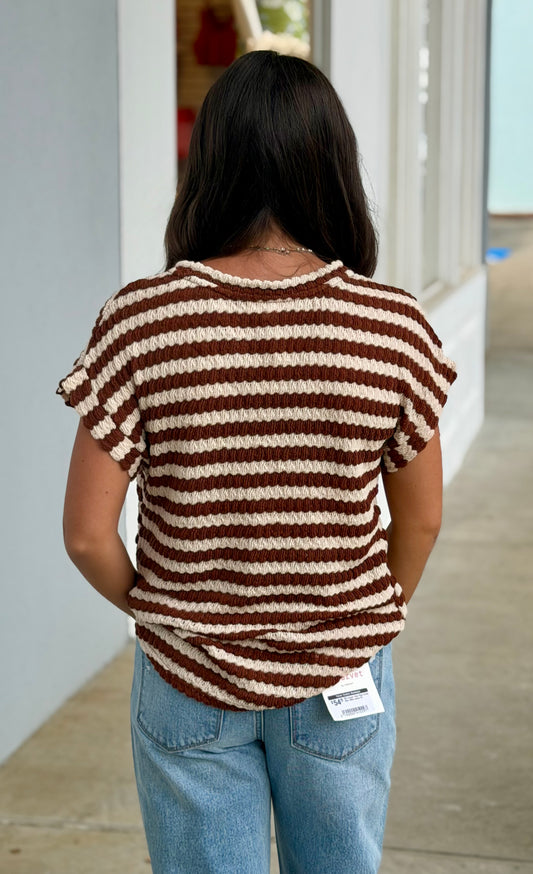 Textured Stripe Round Neck Dolman Top, Brown