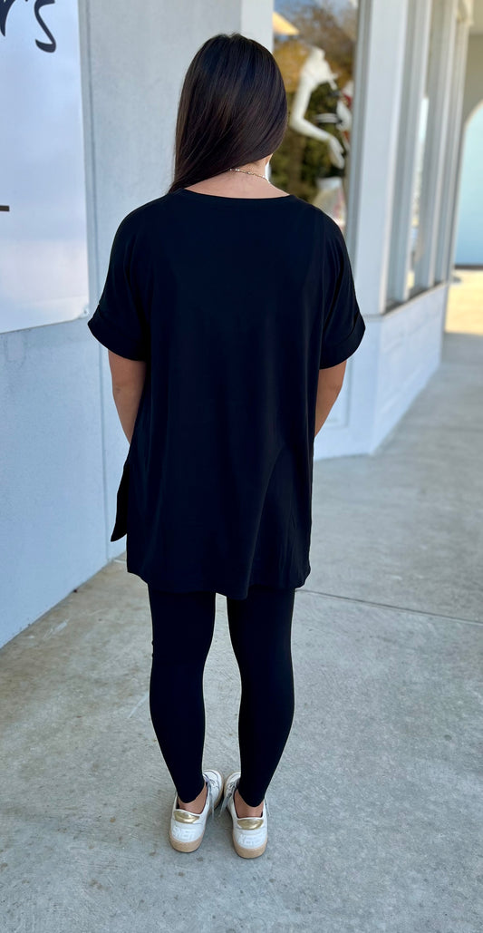 Short Sleeve V Neck Top & Leggings SET, Black