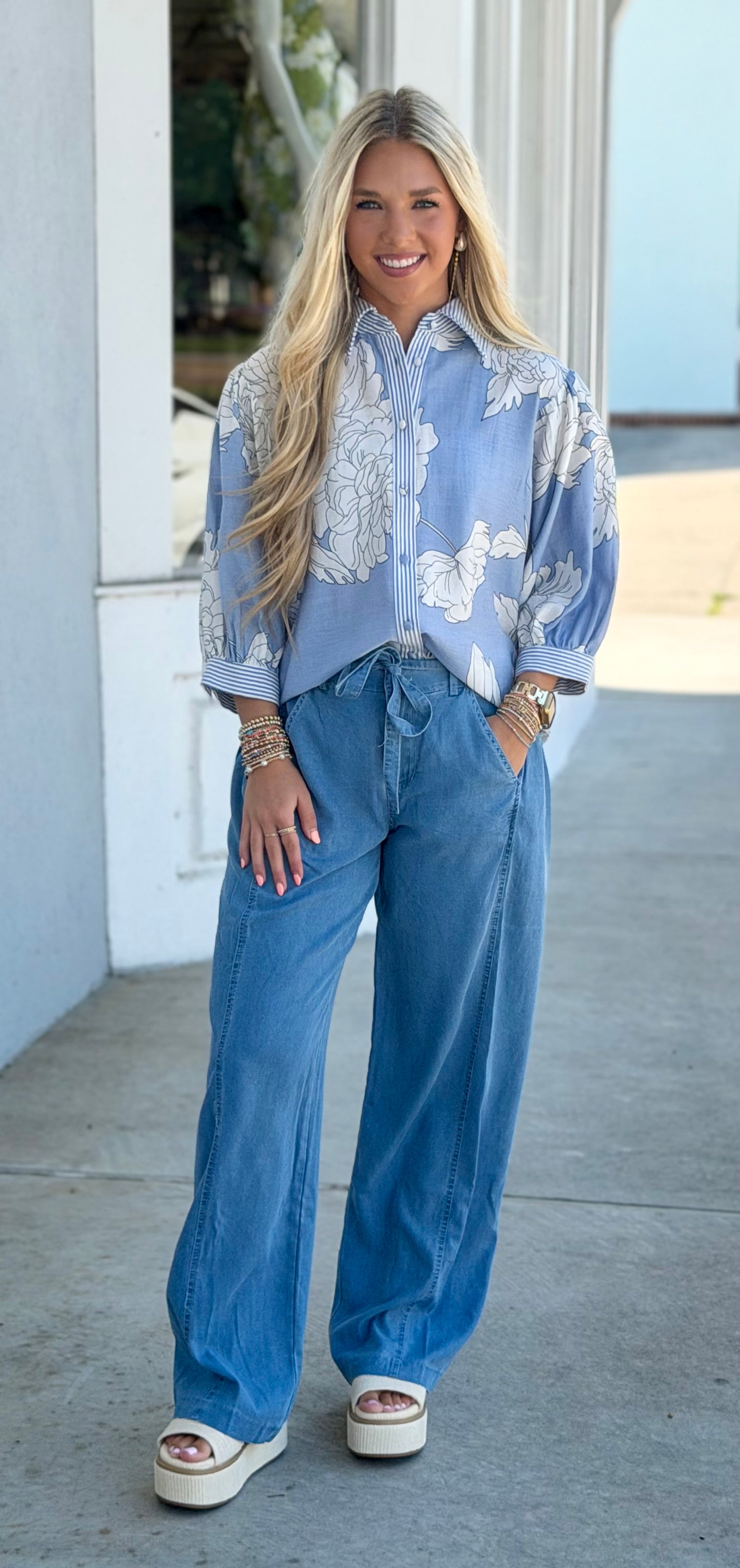 Misty Blue Floral Button Down Top