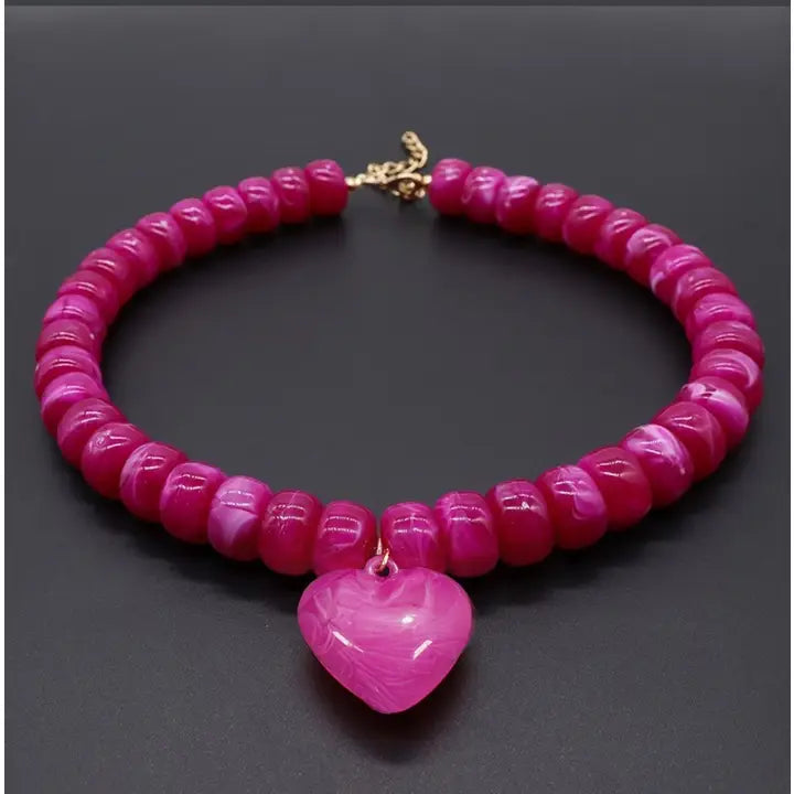 Fuchsia Heart Pendant Resin Beaded Necklace