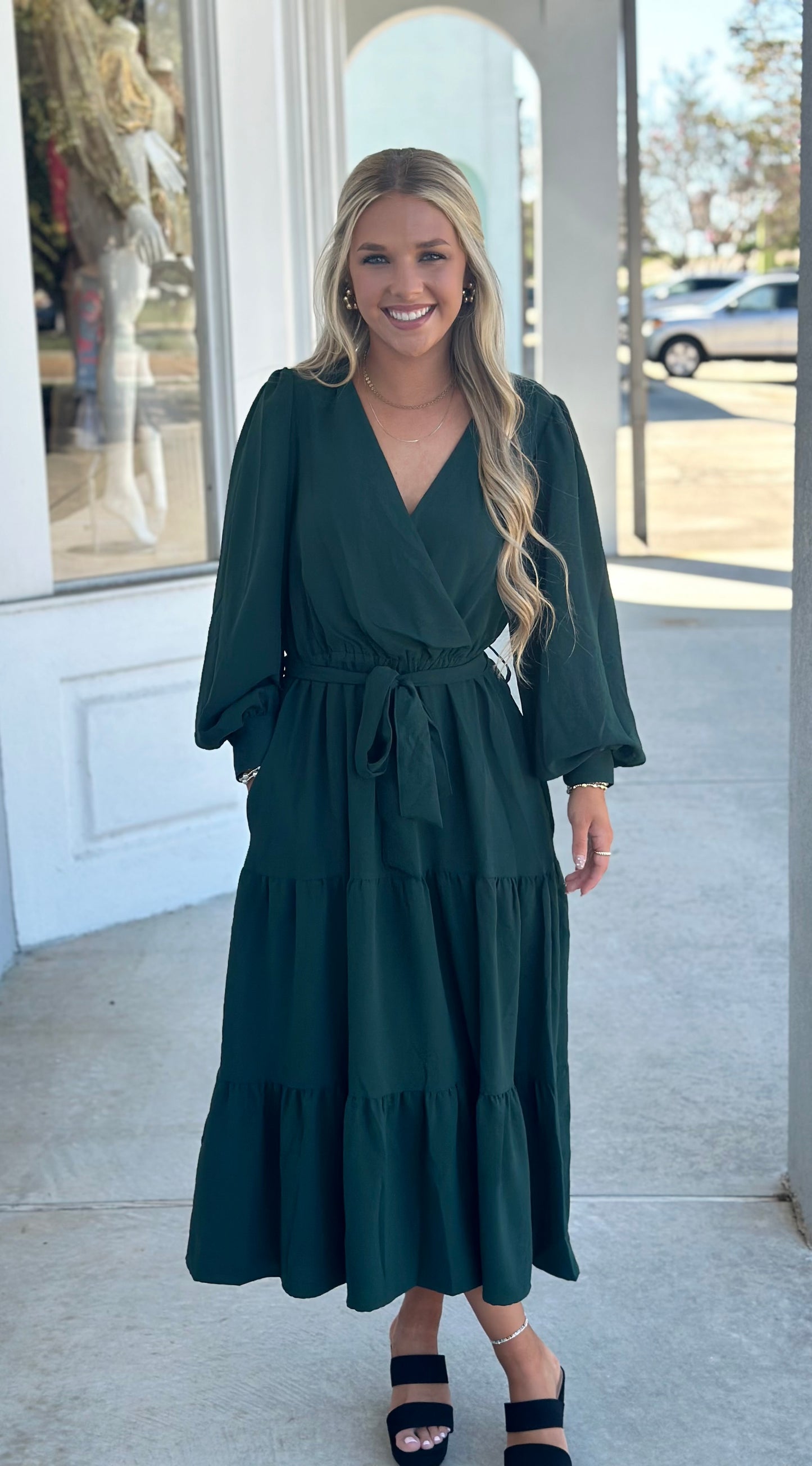 Hunter Green Tiered Midi Dress