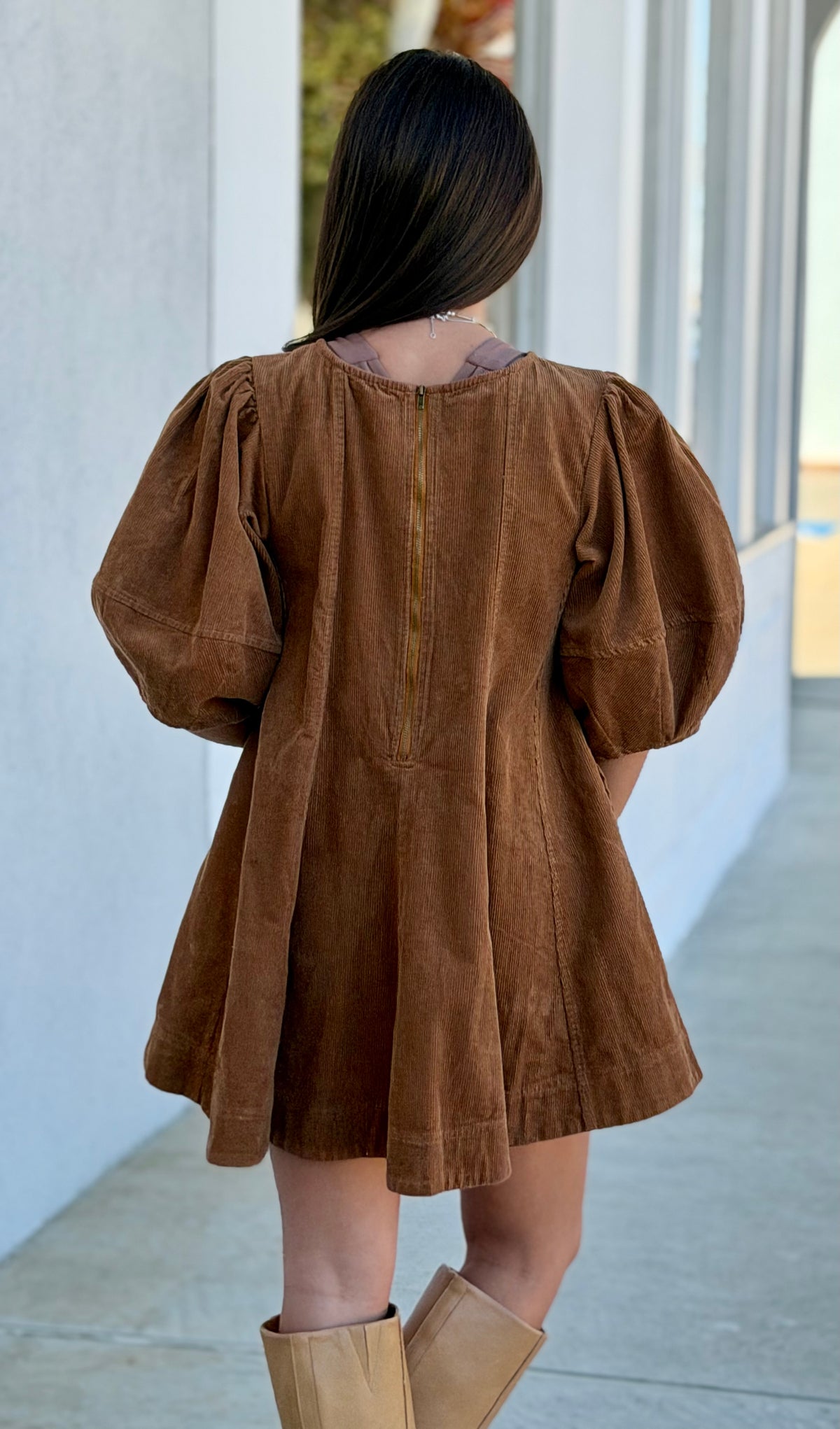 Deep Camel Corduroy Wide Bubble Half Sleeve Dress