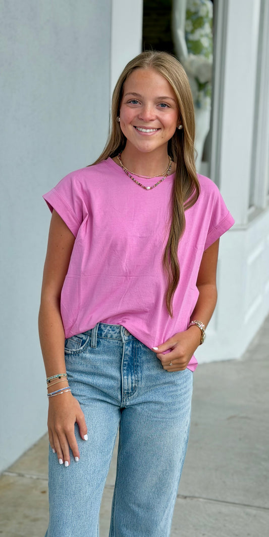 Round Neck Folded Tee, Candy Pink