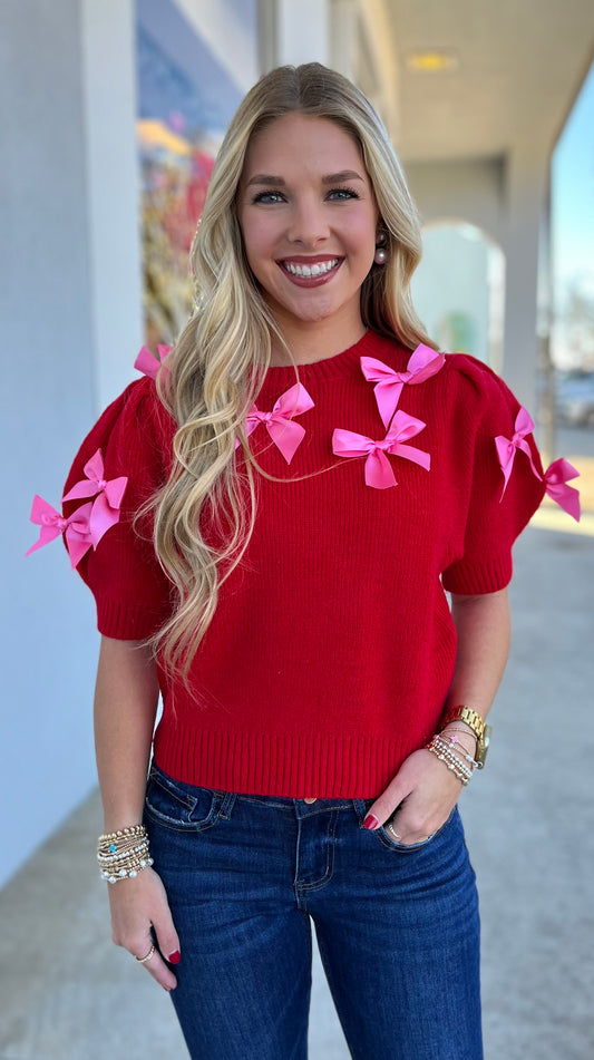 Red Cropped Sweater W Bows